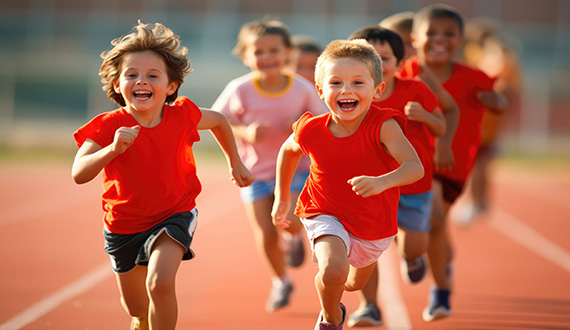 A lively group of children enjoying a fun-filled playtime as they run together on a tennis court, Group of children filled with joy and energy running on athletic track, AI Generated